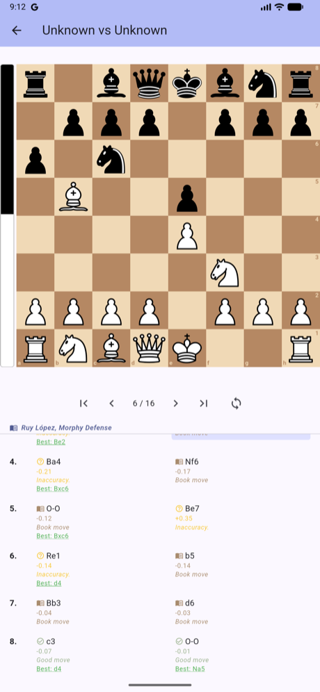 The analysis screen after the change, scrolled down: the opening name Ruy Lopez, Morphy Defense stays fixed above the move list.