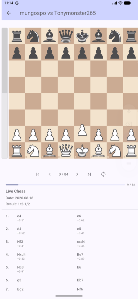 The analysis screen before the change, showing an event, date and result header between the navigation row and the move list.